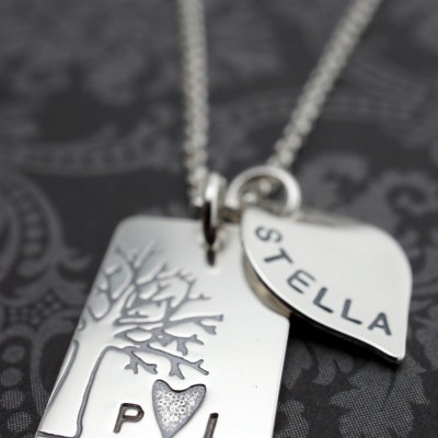 Mother's Family Tree - Personalized Under the Oak Tree Necklace w/ Small Leaf Charm - Sterling Silver Jewelry by Eclectic Wendy Designs
