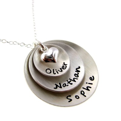Mothers Hand Stamped Jewelry -  Personalized Sterling Silver Necklace - Three Domed Pendants