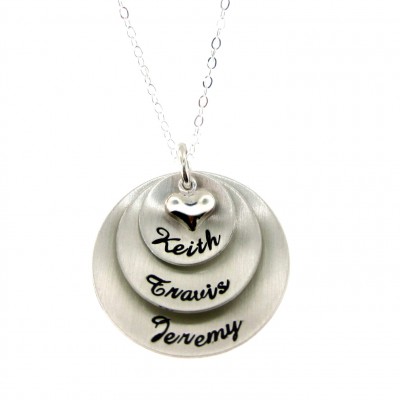 Mothers Hand Stamped Jewelry -  Personalized Sterling Silver Necklace - Three Domed Pendants