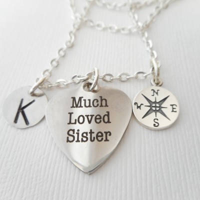 Much Loved Sister, Compass- Initial Necklace/ big sister little sister, sisters jewelry and gifts, Necklace for Sisters, Special sister