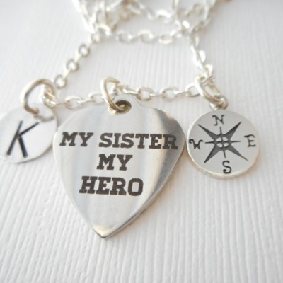 My Sister My Hero, Compass- Initial Necklace/ big sister little sister, sisters jewelry and gifts, Necklace for Sisters, Special sister