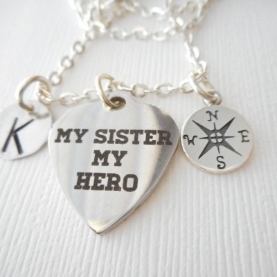 My Sister My Hero, Compass- Initial Necklace/ big sister little sister, sisters jewelry and gifts, Necklace for Sisters, Special sister