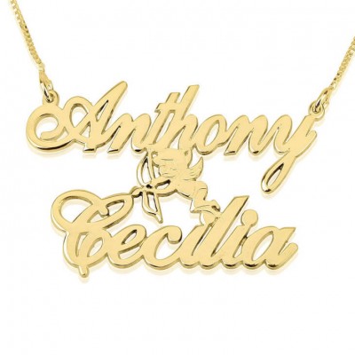 Name Necklace Jewelry Pendant 24K Gold Plated Two Alegro Name Necklace with Cupid