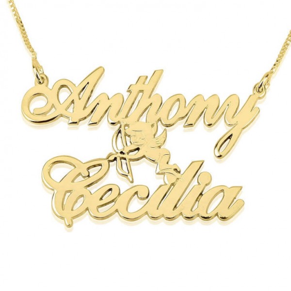 Name Necklace Jewelry Pendant 24K Gold Plated Two Alegro Name Necklace with Cupid
