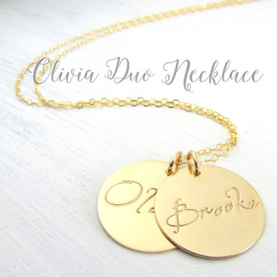 Name Necklace in Gold - Hand Stamped Double Disc Pendants on Gold Chain