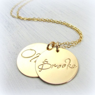 Name Necklace in Gold - Hand Stamped Double Disc Pendants on Gold Chain