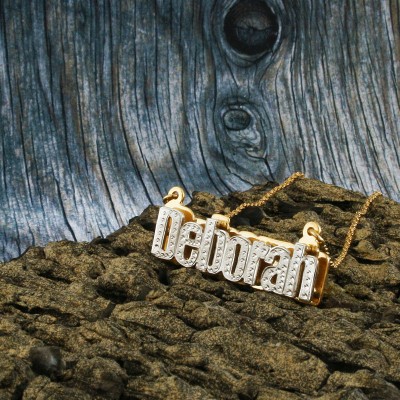 Nameplate Necklace, White & Yellow Gold Plated, Silver, Personalized Name in English Letters, Block, Double Plated, NN002A