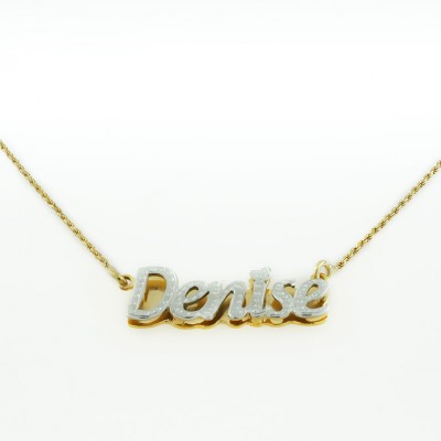 Nameplate Necklace, White & Yellow Gold Plated, Silver, Personalized Name in English Letters, Cursive, Double Plate, NN001A