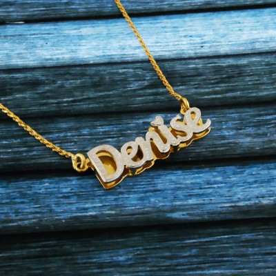 Nameplate Necklace, White & Yellow Gold Plated, Silver, Personalized Name in English Letters, Cursive, Double Plate, NN001A