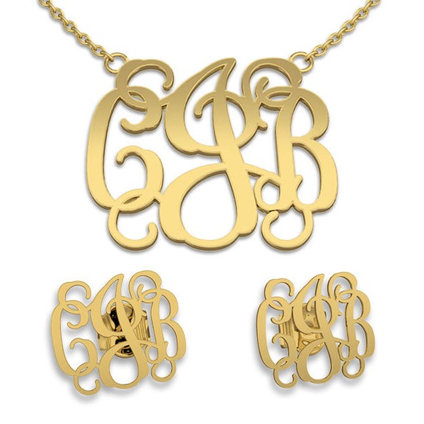 Necklace and Earring sets Monogram Necklace Monogram Name Jewelry, bridesmaid earrings, bridesmaid necklace-14K gold necklace
