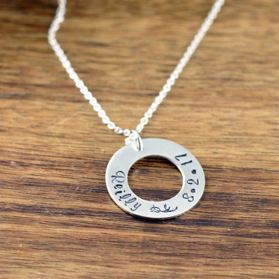 Necklaces for Women, Baby Name Necklace, Anniversary Gift Her, Washer Necklace, Personalized Gift, Hand Stamped Gift, Date Necklace,