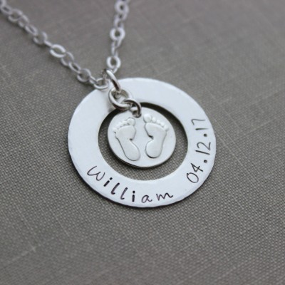 New Mom Necklace - 925 Sterling Silver Washer Necklace - Hand Stamped Personalized with Name and date - Baby feet charm - footprints