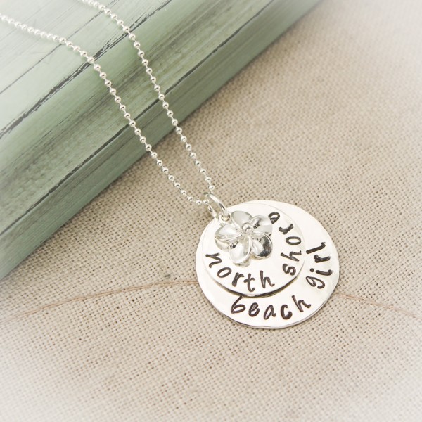 North Shore Beach Girl Layered Plumeria Charm  Sterling Silver Necklace Beach Hand Stamped Jewelry