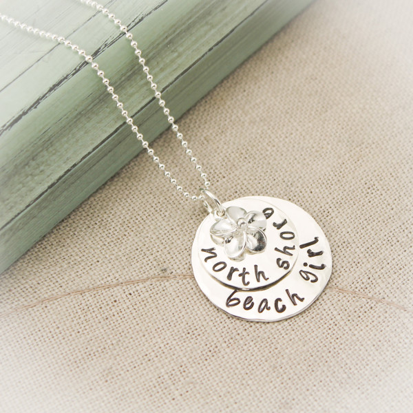 North Shore Beach Girl Layered Plumeria Charm  Sterling Silver Necklace Beach Hand Stamped Jewelry