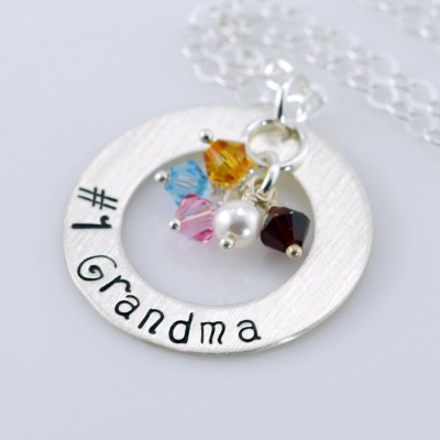Number 1 Grandma Necklace - 1" Hand Stamped Personalized Sterling Silver Donut, Swarovski Birthstone Crystals