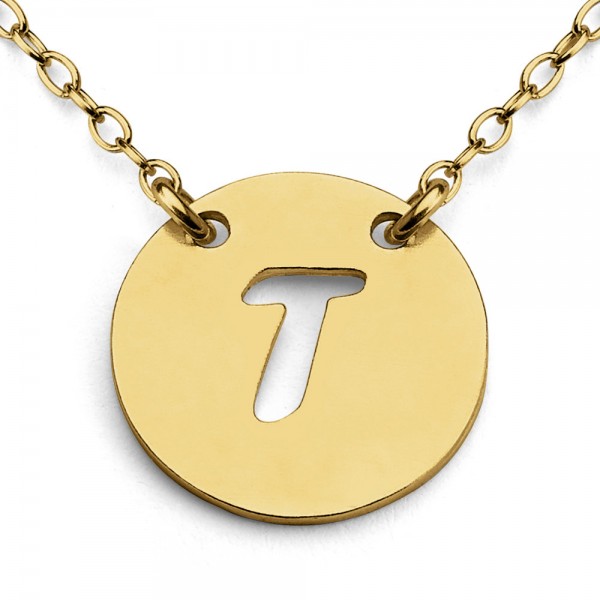 Openwork Initial Letter T Coin Charm Pendant Jump Ring Necklace #14K Gold Plated over 925 Sterling Silver #Azaggi N0427G_T