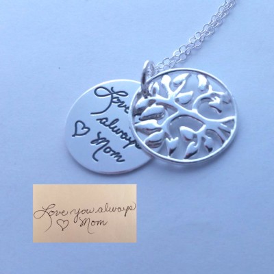 Original handwriting sterling silver tree of life necklace, Handmade Handwritten Jewelry, custom engraved Daughter Mom Granny keepsake gift