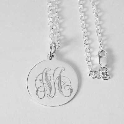 Ornate Initial Personalized Jewelry Custom Engraved Sterling Silver Round Disc Necklace - Hand Engraved