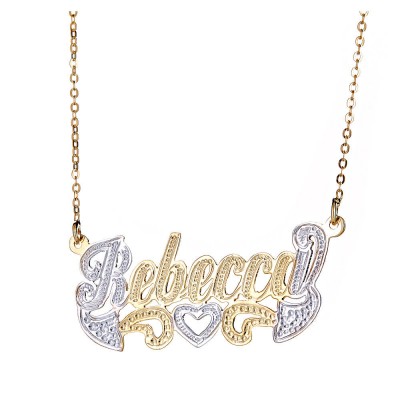 Personalized .925 Sterling Silver Open Heart Classic Nameplate Plated in 14K Gold w. Chain