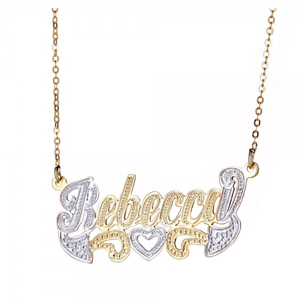 Personalized .925 Sterling Silver Open Heart Classic Nameplate Plated in 14K Gold w. Chain