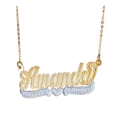 Personalized .925 Sterling Silver Plated in 14K Gold Dotted Heart Classic Nameplate w. Chain