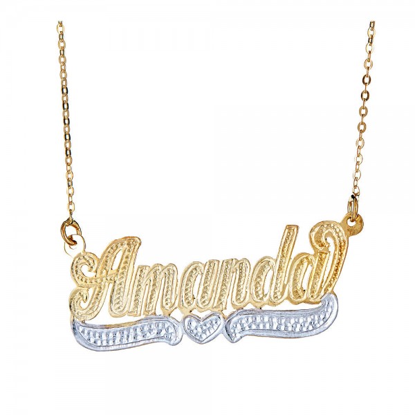 Personalized .925 Sterling Silver Plated in 14K Gold Dotted Heart Classic Nameplate w. Chain