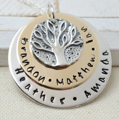 Personalized Ancient Family Coin Handmade Necklace - Stamped Metal Family Tree Jewelry - Kids Names Gift for Grandma Nana Mom - Mother's Day