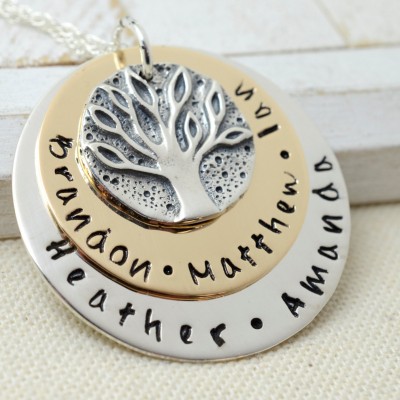 Personalized Ancient Family Coin Handmade Necklace - Stamped Metal Family Tree Jewelry - Kids Names Gift for Grandma Nana Mom - Mother's Day