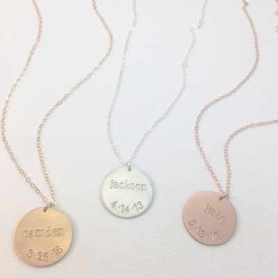 Personalized Baby Name Birthdate Disc Necklace, New Baby Gift, Custom Disc Circle Necklace, Push Present for Mom, Mommy Jewelry Gift