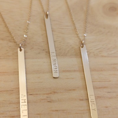 Personalized Bar Necklace - Gold Long Necklace - New Mom Gift - Kids Name Necklace - Gold Engraved Jewelry Vertical Bar Minimalist Jewelry