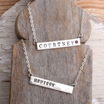Personalized Bar Necklace, Handmade in Sterling Silver, Stamped Silver Bar Necklace with Nameplate. Stamped Name Necklace in Silver.