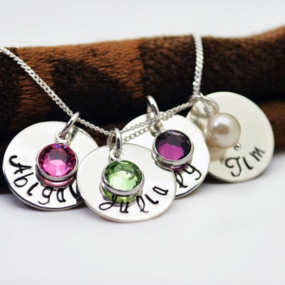 Personalized Birthstone Necklace, Four Discs, Hand Stamped, Mothers Gift, Kids Names, Childrens names, Mommy,Mom, Gift for Mom