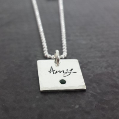 Personalized Birthstone Square Necklace - Hand Stamped Name Necklace - Flush Set Birthstone Jewelry - Sterling Silver Necklace