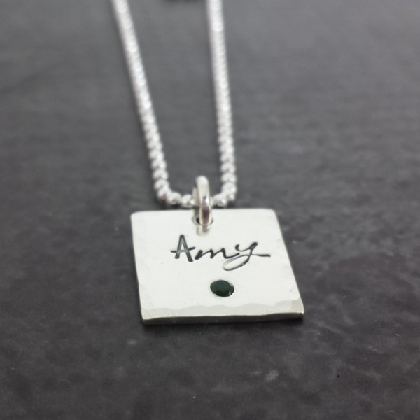 Personalized Birthstone Square Necklace - Hand Stamped Name Necklace - Flush Set Birthstone Jewelry - Sterling Silver Necklace