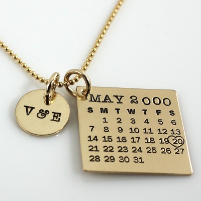 Personalized Calendar Necklace - hand stamped Mark Your Calendar gold filled necklace with 'You & Me' charm and