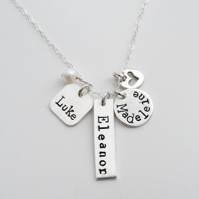 Personalized Charm Necklace, Sterling Silver , Mother Jewelry, Mom, Three Name Charms, Personalized Gifts for Women, Gift Idea