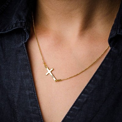 Personalized Engraved Side Cross necklace in 18K Gold plated over Sterling Silver 0.925