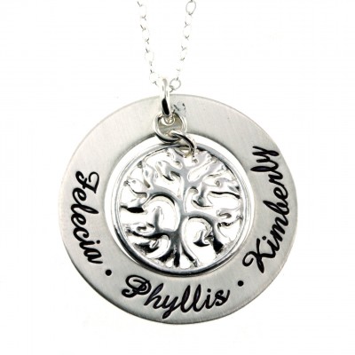 Personalized Family Names Hand Stamped Tree of Life Necklace - Hand Stamped Jewelry ByHannahDesign