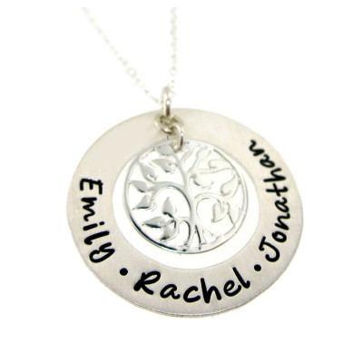 Personalized Family Names Hand Stamped Tree of Life Necklace - Hand Stamped Jewelry ByHannahDesign