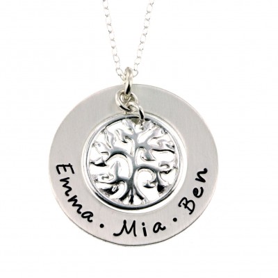 Personalized Family Names Hand Stamped Tree of Life Necklace - Hand Stamped Jewelry ByHannahDesign