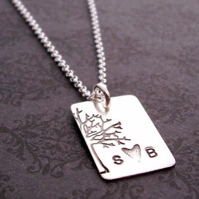 Personalized Family Tree Necklace - Under the Oak Tree Pendant - Custom Hand Stamped Couples Initials Tree of Life Charm by EWD
