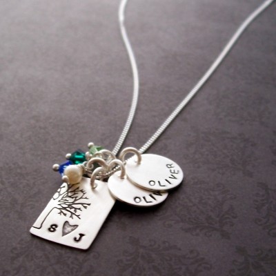 Personalized Family Tree Necklace - Under the Oak Tree Pendant - Custom Hand Stamped Couples Initials Tree of Life Charm by EWD