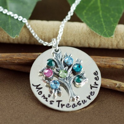 Personalized Family Tree Necklace, Hand Stamped Tree of Life Necklace, Family Tree Jewelry, Birthstone Necklace, Gift for Mom