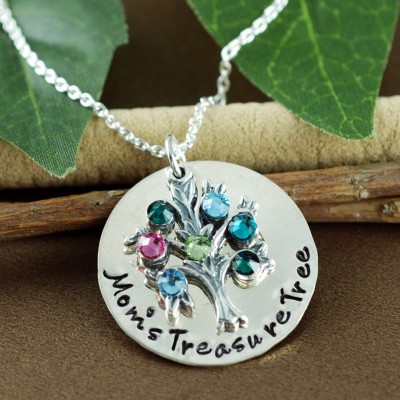 Personalized Family Tree Necklace, Hand Stamped Tree of Life Necklace, Family Tree Jewelry, Birthstone Necklace, Gift for Mom