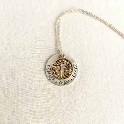 Personalized Family Tree Necklace, Mixed Metal Necklace, Mother Necklace, Grandma Gift, Mother's Day, Sterling Silver, Gold Tree, Name Disc