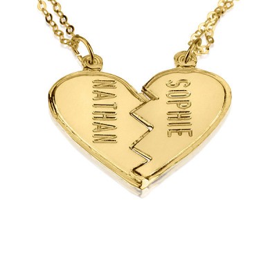Personalized Gold Broken Heart Necklace , Couples 18k Gold Plated Engraved Necklace , Split Heart Charm Pendant Necklace , 2 Names Necklace