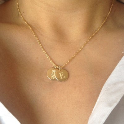 Personalized Gold Disc Necklace - Double Gold Charm Necklace - Custom Initial and Date Necklace - Engraved Charm Necklace
