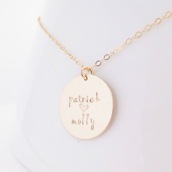 Personalized Gold Disc Necklace, Names, Dates, Initials, Heart, Handmade, Handstamped, Mom Necklace, Baby Shower, Anniversary, Mother's Day