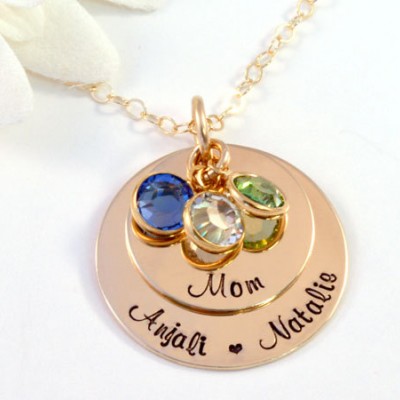 Personalized Gold Mother's Necklace, 14k Gold-Filled Mommy Necklace, Necklace for Mom with Birthstones, Handstamped