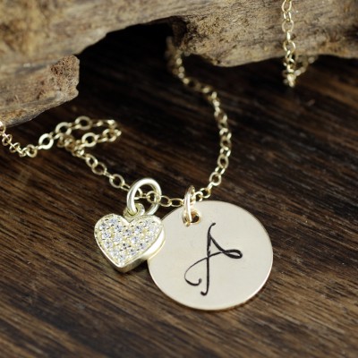 Personalized Heart Necklace, Gold Initial Heart Necklace, CZ Heart Necklace, Mothers Day Gift, Anniversary Necklace, Gift for Wife
